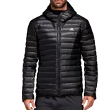 Campera Adidas acolchada negra con capucha, cierre frontal y logo blanco en el pecho. Diseño plegable y bolsillos frontales con salida para auriculares.