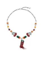 Collar con cuentas de colores y dije de bota cowboy esmaltada en rojo, verde y plateado.