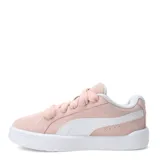 Championes Puma modelo Park Life Style Easy, de corte bajo y diseño urbano. Presentan una capellada de gamuza en color rosado con cordones anchos al tono, franja lateral característica de la marca en color blanco y suela de goma blanca.