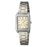 Reloj analógico Casio con caja rectangular de acero inoxidable y esfera color champán. Presenta una malla de eslabones bicolor en tonos plateado y dorado con cierre desplegable.