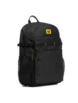 Mochila negra con logo de CAT en amarillo, bolsillo frontal con cierre, presillas para accesorios, compartimento acolchado para laptop de 15 pulgadas, hebillas de compresión laterales, bolsillos laterales de malla, correa ajustable para el esternón y panel trasero y correas acolchadas con malla transpirable.