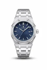 Reloj Poedagar modelo 924 con estructura de acero inoxidable plateado y esfera texturizada en tono azul.
