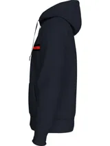 Buzo con capucha y cordón ajustable Tommy Hilfiger, color azul marino, con bolsillo tipo canguro y una franja horizontal en el pecho que incluye texto y los colores distintivos de la marca.
