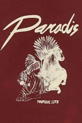Buzo rojo con estampa frontal de la palabra "Paradise" y un dibujo de un tigre y palmeras.