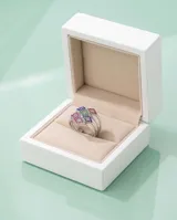 Anillo múltiple compuesto por cinco bandas finas de plata 925, unidas en un diseño que presenta incrustaciones de circonias en tonos azul, verde, rosa y blanco.