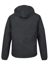 Campera deportiva Under Armour Rivl Wvn Windbreaker, color negro, con capucha, cierre frontal completo y bolsillos laterales con cremallera. Incluye el logo de la marca estampado en blanco en el pecho.
