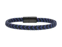 Pulsera de diseño trenzado que combina cuero sintético en tonos azul y negro, con cierre magnético de acero inoxidable.