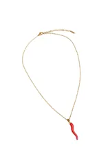 Collar de cadena fina dorada con dije colgante en forma de ají rojo.