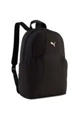 Mochila Puma modelo Up Sandstone de color negro, con diseño texturizado, cierre de cremallera superior, tirantes ajustables y el logo de la marca en tono dorado en la parte frontal.