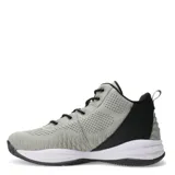 Championes de básquet Topper modelo Candun, de corte medio en color gris con detalles en negro y suela blanca. Confeccionados en tejido sintético con refuerzos en el talón y cordones negros.