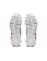 Championes Asics Gel-Quantum 90 blancos con detalles en azul marino y fucsia.