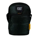 Bolso bandolera Caterpillar Rodney, color negro con estampado geométrico en verde oscuro. Cuenta con logo de la marca en el frente, bolsillo frontal con cierre y correa ajustable.