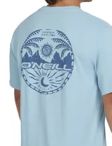 Remera O'Neill de manga corta y cuello redondo, color celeste, con un pequeño logo estampado en el pecho y diseño gráfico en la espalda.