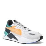 Championes Puma RS-X Hard Drive, zapatillas deportivas con diseño futurista y chunky. Combinación de colores gris claro, naranja vibrante, azul verdoso (teal) y azul oscuro. La capellada es de malla y gamuza sintética, con entresuela voluminosa blanca.
