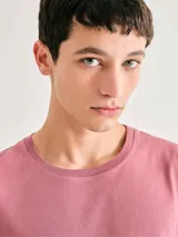 Camiseta básica de manga corta y cuello redondo, color rojo oscuro.