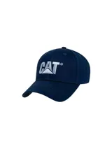 Gorro tipo visera curva Caterpillar de color azul marino, con el logotipo de la marca bordado en relieve en color blanco en la parte delantera.