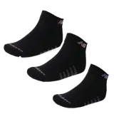 Pack de tres pares de medias deportivas tipo quarter de la marca New Balance, en color negro con detalles de logo y líneas en tonos gris y violeta.