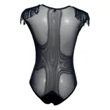 Bodysuit negro de True Romance con inserciones de malla transparente en el escote y flecos decorativos en los hombros.