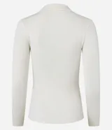 Suéter tipo blusa de punto color verde oscuro, con cuello polo, abotonado y mangas largas.