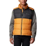 Chaleco puffer Columbia modelo Pike Lake II Vest, con diseño acolchado y combinación de colores amarillo y negro. Cuenta con cuello alto, cierre frontal completo y bolsillos laterales con cierre.