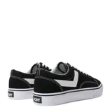 Championes urbanos Pony de corte bajo, confeccionados en lona negra con detalles en blanco. Presentan el logo característico de la marca en el lateral, cordones blancos y suela de goma vulcanizada con franja negra.