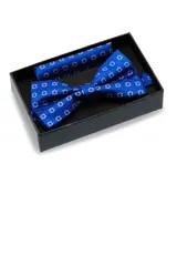 Conjunto de moña y pañuelo de bolsillo azul con estampado de flores blancas.