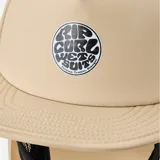 Gorro de surf Rip Curl con visera rígida, protector de cuello integrado y correa ajustable con hebilla. Presenta logo circular estampado en el frente y paneles laterales de malla para mayor ventilación.