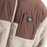 Campera de polar tipo sherpa en color beige, con paneles superiores en color azul grisáceo. Presenta cuello alto, cierre frontal completo y un bolsillo en el pecho con cierre y logo de la marca.