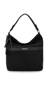 Cartera tipo hobo de tamaño grande en color beige, con detalles en negro. Presenta una franja horizontal negra con el logo de la marca, asa corta de hombro y correa larga desmontable. Incluye bolsillo frontal con cierre oculto y bolsillo trasero.