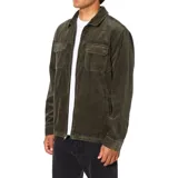 Campera de pana color verde oliva, con cierre frontal, cuello clásico y dos bolsillos de parche con solapa en el pecho.
