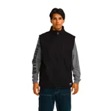 Chaleco negro de corte clásico con cierre frontal, cuello alto y forro interior de sherpa. Presenta bolsillos delanteros tipo canguro con remaches reforzados y un bolsillo vertical con cierre en el pecho. Incluye etiqueta de marca en la parte inferior.