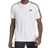 Remera blanca de entrenamiento Adidas Train Essentials con tres rayas negras en los hombros y logo negro en el pecho.