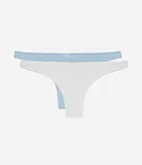 Kit de dos bombachas tipo bikini de algodón con elastano, una en color blanco y otra en color celeste. Ambas presentan un diseño liso con un pequeño lazo decorativo en el centro de la cintura.