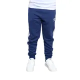 Pantalón de jogging azul marino con una franja blanca vertical en el lateral y logo de Umbro en blanco.