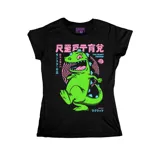 Remera negra de corte entallado con estampa frontal colorida de Reptar, el dinosaurio de Rugrats, con detalles en estilo japonés.