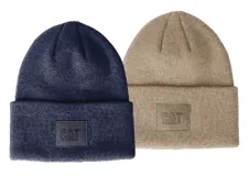 Gorro tipo beanie de tejido de punto con vuelta y parche frontal con logo CAT grabado. El pack incluye dos unidades en colores azul marino y beige.