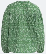 Blusa tipo bata de algodón con tejido laise bordado, cuello redondo con cordones y borlas, y mangas largas abullonadas con puños ajustados.