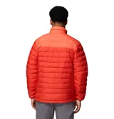 Campera acolchada Columbia modelo Powder Lite II, color rojo con diseño degradado. Cuenta con tecnología Omni-Heat para retención de calor, aislamiento sintético Thermarator, tejido resistente al agua Omni-Shield, cierre frontal completo, cuello alto con protector de barbilla, puños elásticos y bolsillos laterales con cierre.