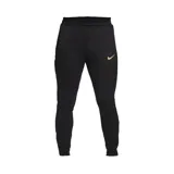 Pantalón de entrenamiento Nike Strike negro con logo dorado, corte slim, tecnología Dri-FIT, tejido knit elástico y bolsillos laterales con cierre.