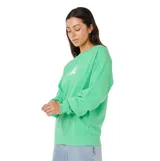 Buzo Rip Curl de manga larga ranglán, color verde, con cuello redondo y diseño holgado. Cuenta con un pequeño estampado blanco en el centro del pecho que combina un diseño floral con el logotipo de la marca.