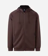 Saco deportivo con capucha y cierre frontal de cremallera, confeccionado en tejido tech fleece. Presenta mangas largas, bolsillos laterales con cierre y puños acanalados, ofreciendo un diseño liviano y térmico.