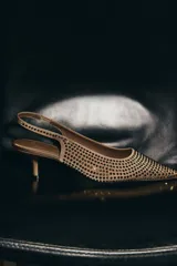 Zapato tipo slingback color tostado con punta fina, taco kitten y superficie completamente cubierta de strass brillante. Cuenta con una tira trasera elástica para mayor ajuste.