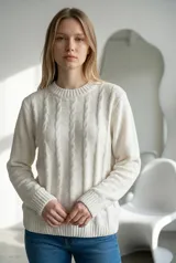 Sweater de punto con textura de chenille, diseño de ochos verticales, cuello redondo y terminaciones en rib acanalado en puños y ruedo.