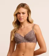 Soutien gris de encaje floral, sin copa y con aro. Breteles finos ajustables y cierre trasero.