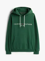 Buzo con capucha Tommy Hilfiger verde con logo bordado en el pecho, bolsillo tipo canguro y cordones blancos con extremos distintivos. Confeccionado en mezcla de algodón y poliéster reciclado.