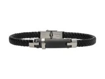 Pulsera para hombre de cuero trenzado color negro con placa central de acero inoxidable.