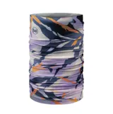 Bufanda tubular multifuncional Buff, confeccionada en tejido elástico y ligero con estampado abstracto en tonos violeta, azul y naranja. Ofrece protección solar UPF 50 y es un accesorio versátil para diversas actividades al aire libre.