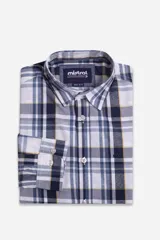 Camisa de hombre Mistral de manga larga, con diseño a cuadros en tonos blanco y gris. Presenta cuello clásico, cierre frontal abotonado y logo de la marca bordado en el pecho.
