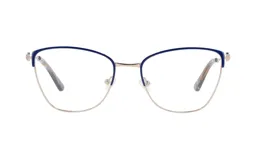 Armazón de anteojos Demenego modelo 141/54 col GBL, de metal color plateado con detalles en azul en la parte superior del marco. Diseño cat eye.