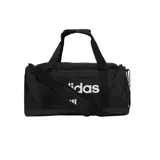 Bolso deportivo Adidas negro con logo blanco estampado. Cuenta con doble asa de mano, correa ajustable para el hombro, compartimento independiente para calzado, bolsillos laterales y en los extremos con cremallera, y bolsillos interiores con y sin cierre.
